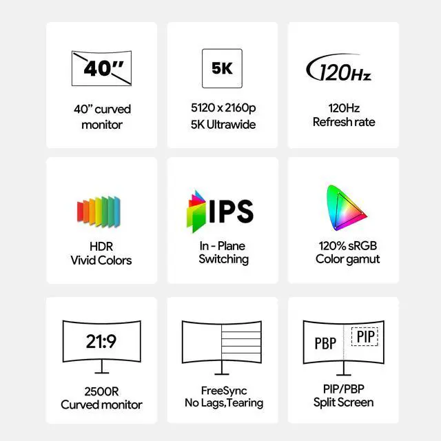 Alt view image 3 of 5 - CRUA 40'' 5K Ultrawide Curved Gaming Monitor, 21:9, 5120 x 2160, 120Hz, IPS Computer Monitor with Built-in Speakers, AMD FreeSync, PIP/PBP, 120% sRGB, HDMI 2.0 & DP 1.4, Tilt/Height Adjustable-Black