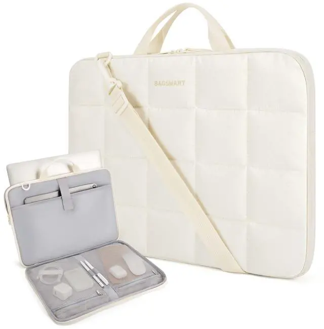 Main image of BAGSMART 15-16 inch Laptop Case with Strap and Handle, Fluffy Padded Laptop Bag for Women, MacBook Case Compatible with MacBook Air/Pro 15.6 inch, Laptop Briefcase Fitted with Dell, HP, Lenovo, Beige