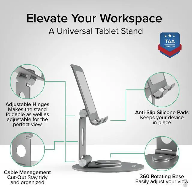 Alt view image 2 of 5 - Plugable Swivel Tablet Stand Holder, 360° Rotating Base Tablet Holder for Phones and Tablets up to 12.9", Adjustable and Foldable iPad Stand for Desk, POS, Kitchen, Drawing (PT-STAND1)