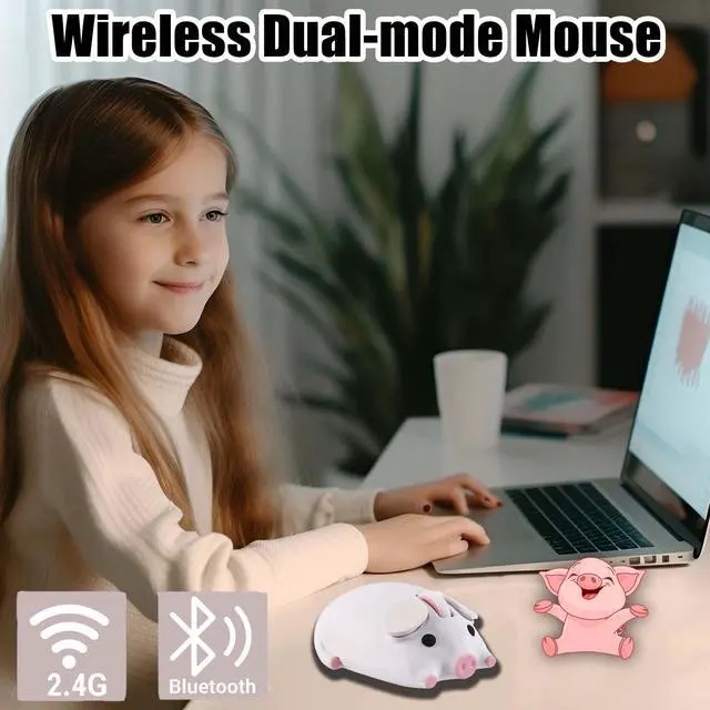 Alt view image 2 of 5 - Wireless Mouse, Cute Pig Shape, Dual Mode (2.4G + Bluetooth), Silent Portable Lightweight 3-Button 1200DPI Wireless Mouse Battery Powered, Gift for Kids Boys Girls, for PC Laptops Tablets (White)