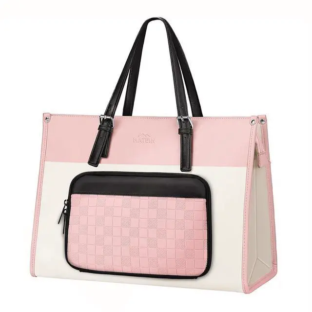 Main image of MATEIN Lunch Tote Bag for Women, 15.6 Inch Laptop Purse with Lunch Compartment, Waterproof PU Leather Briefcase with Insulated Pocket, Office Handbag for Work, Daily Use, Gifts for Ladies, Beige Pink