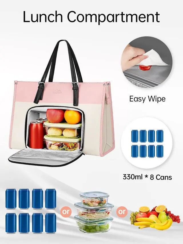 Alt view image 2 of 5 - MATEIN Lunch Tote Bag for Women, 15.6 Inch Laptop Purse with Lunch Compartment, Waterproof PU Leather Briefcase with Insulated Pocket, Office Handbag for Work, Daily Use, Gifts for Ladies, Beige Pink