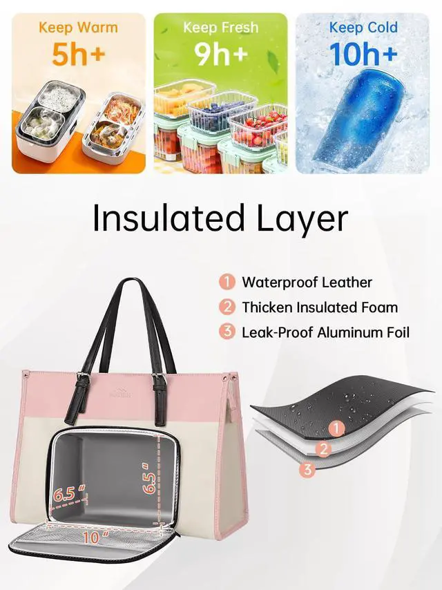 Alt view image 3 of 5 - MATEIN Lunch Tote Bag for Women, 15.6 Inch Laptop Purse with Lunch Compartment, Waterproof PU Leather Briefcase with Insulated Pocket, Office Handbag for Work, Daily Use, Gifts for Ladies, Beige Pink