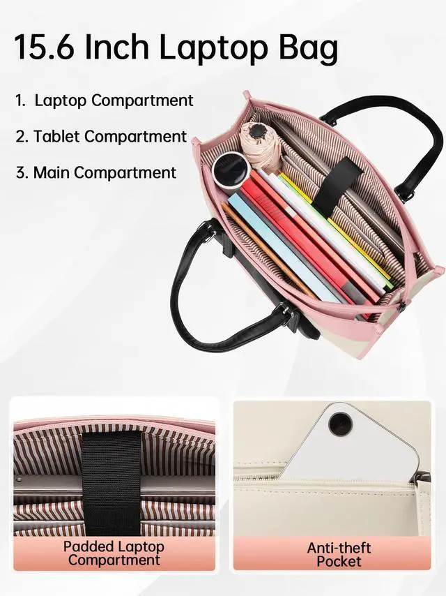 Alt view image 4 of 5 - MATEIN Lunch Tote Bag for Women, 15.6 Inch Laptop Purse with Lunch Compartment, Waterproof PU Leather Briefcase with Insulated Pocket, Office Handbag for Work, Daily Use, Gifts for Ladies, Beige Pink