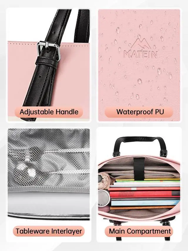 Alt view image 5 of 5 - MATEIN Lunch Tote Bag for Women, 15.6 Inch Laptop Purse with Lunch Compartment, Waterproof PU Leather Briefcase with Insulated Pocket, Office Handbag for Work, Daily Use, Gifts for Ladies, Beige Pink