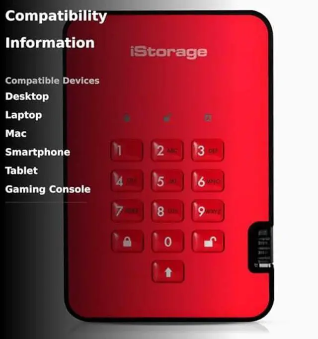 Alt view image 3 of 5 - iStorage diskAshur2 HDD 5TB Red | Secure portable hard drive | Password protected | Dust & water resistant | Hardware Encryption