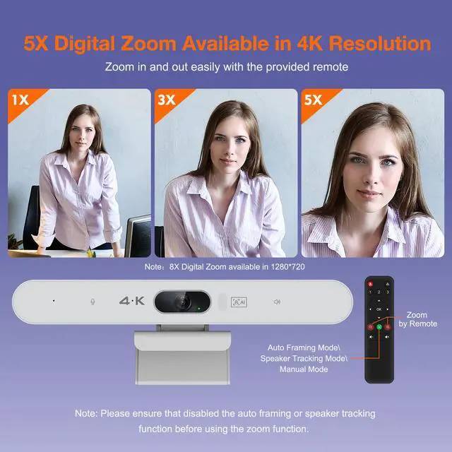 Alt view image 5 of 5 - RayBit 4K Video Conference Room Camera System with Remote Control, AI Auto Framing&Focus, Speaking Tracking, Digital Zoom, Webcam with Microphone and Speaker for Windows TV/PC/Laptop/Zoom/Teams/Skype