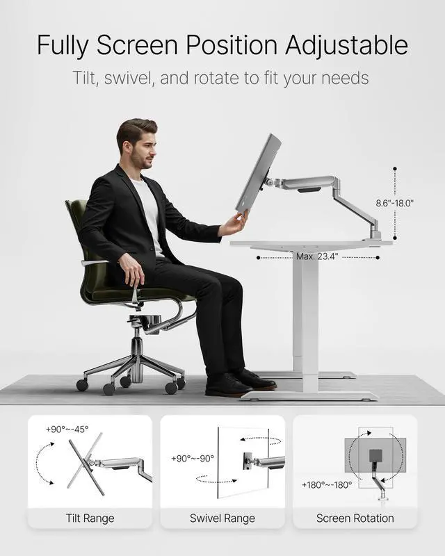 Alt view image 4 of 5 - monTEK Deluxe Monitor Arm for 17 to 40 Inch Curved Screens with Cable Management Aluminum Fully Adjustable Single Monitor Arm with Clamp/Grommet, Quick Release Plate,75x75/100x100 VESA, MA1008SL