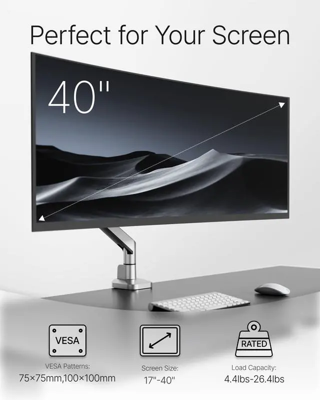 Alt view image 3 of 5 - monTEK Deluxe Monitor Arm for 17 to 40 Inch Curved Screens with Cable Management Aluminum Fully Adjustable Single Monitor Arm with Clamp/Grommet, Quick Release Plate,75x75/100x100 VESA, MA1008SL