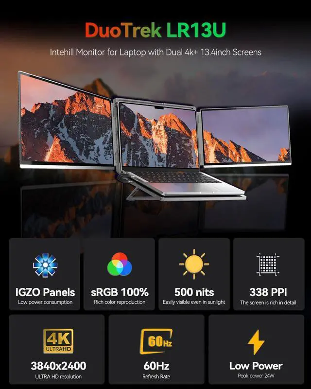 Alt view image 2 of 5 - Intehill 4K Laptop Screen Extender, 13.4" Dual Screen Monitor for Laptop, 3840x2400 Anti-Glare Portable IGZO Display, 100% sRGB 500 Nits Brightness Foldable Plug-Play Portable Travel Monitor, LR13U