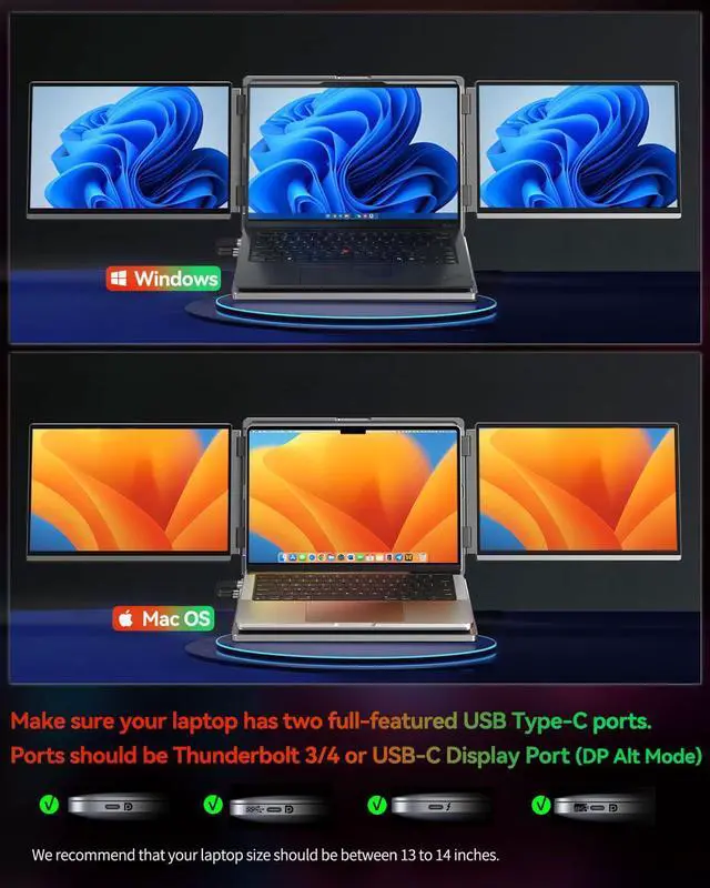 Alt view image 4 of 5 - Intehill 4K Laptop Screen Extender, 13.4" Dual Screen Monitor for Laptop, 3840x2400 Anti-Glare Portable IGZO Display, 100% sRGB 500 Nits Brightness Foldable Plug-Play Portable Travel Monitor, LR13U