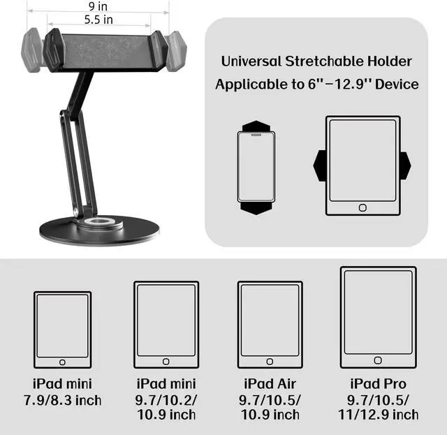 Alt view image 3 of 5 - pzoz Retail Kiosk iPad Stand, 360°Rotate POS Tablet Stand, Fits 6-12.9" iPad Mini Pro-Business Supplies Swivel Tablet Holder for Store Cash Register Office Reception Kitchen Desktop Display