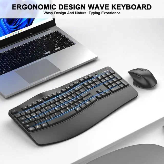 Alt view image 2 of 5 - Wireless Keyboard and Mouse Combo, 2.4G Full Size Wave Keys Ergonomic Keyboard with Wrist Rest and 3-Level DPI Adjustable Wireless Ergonomic Mouse for Windows, Mac OS Desktop/Laptop/PC(Graphite)