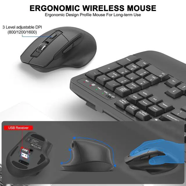 Alt view image 4 of 5 - Wireless Keyboard and Mouse Combo, 2.4G Full Size Wave Keys Ergonomic Keyboard with Wrist Rest and 3-Level DPI Adjustable Wireless Ergonomic Mouse for Windows, Mac OS Desktop/Laptop/PC(Graphite)