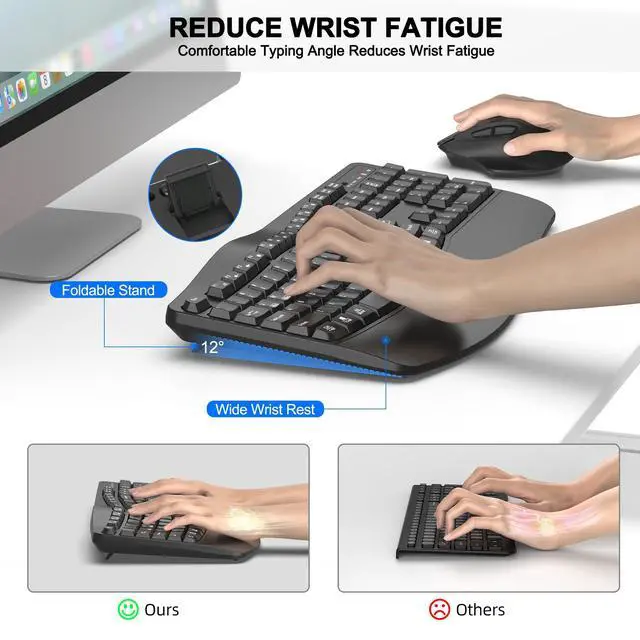 Alt view image 3 of 5 - Wireless Keyboard and Mouse Combo, 2.4G Full Size Wave Keys Ergonomic Keyboard with Wrist Rest and 3-Level DPI Adjustable Wireless Ergonomic Mouse for Windows, Mac OS Desktop/Laptop/PC(Graphite)