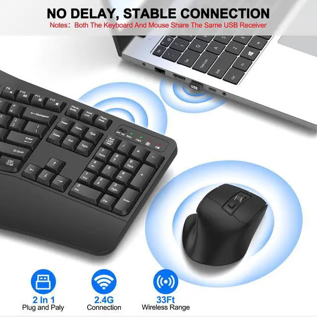 Alt view image 5 of 5 - Wireless Keyboard and Mouse Combo, 2.4G Full Size Wave Keys Ergonomic Keyboard with Wrist Rest and 3-Level DPI Adjustable Wireless Ergonomic Mouse for Windows, Mac OS Desktop/Laptop/PC(Graphite)