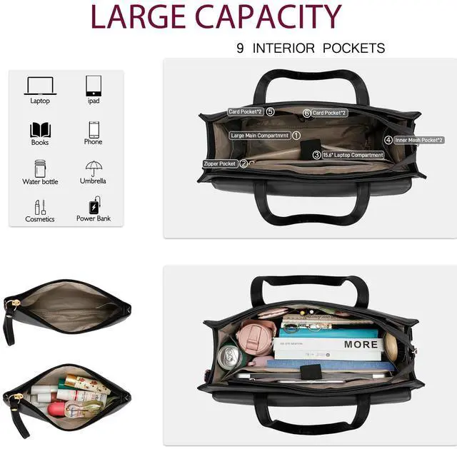 Alt view image 3 of 5 - KKXIU 2-in-1 Laptop Lunch Tote Bag for Women, 15.6 Inch Insulated Leakproof Computer Bag, Large Capacity Work Purse for Office, Nurse, Teacher, Travel - Black