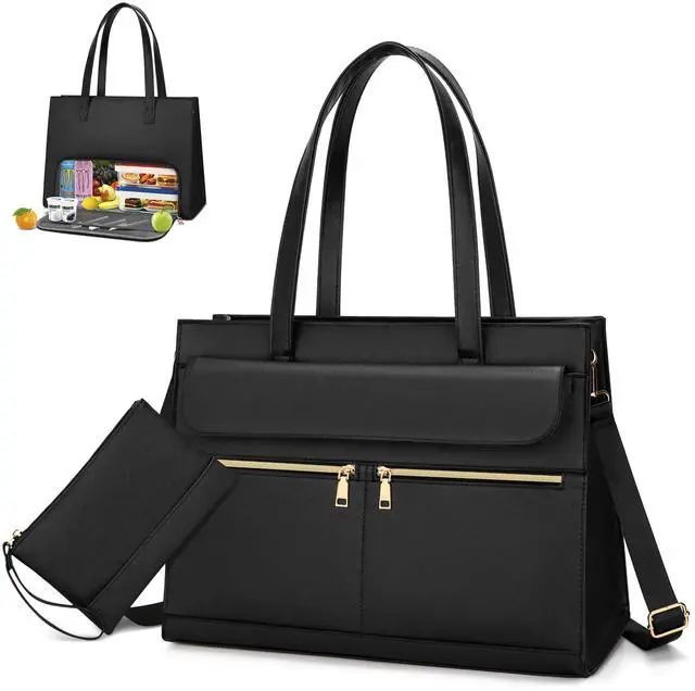 Main image of KKXIU 2-in-1 Laptop Lunch Tote Bag for Women, 15.6 Inch Insulated Leakproof Computer Bag, Large Capacity Work Purse for Office, Nurse, Teacher, Travel - Black