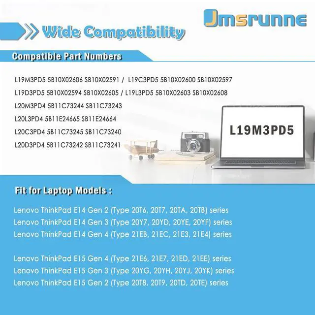 Alt view image 5 of 5 - Jmsrunne L19M3PD5 45Wh Laptop Battery Replacement for Lenovo Thinkpad E14 Gen 3 20Y7 20YD 20YE/E14 Gen 2 20T6 20TA /E15 Gen 2 20T8 20TD L19C3PD5 L19L3PD5 L19D3PD5 SB10X02597 SB10X02605 11.1V