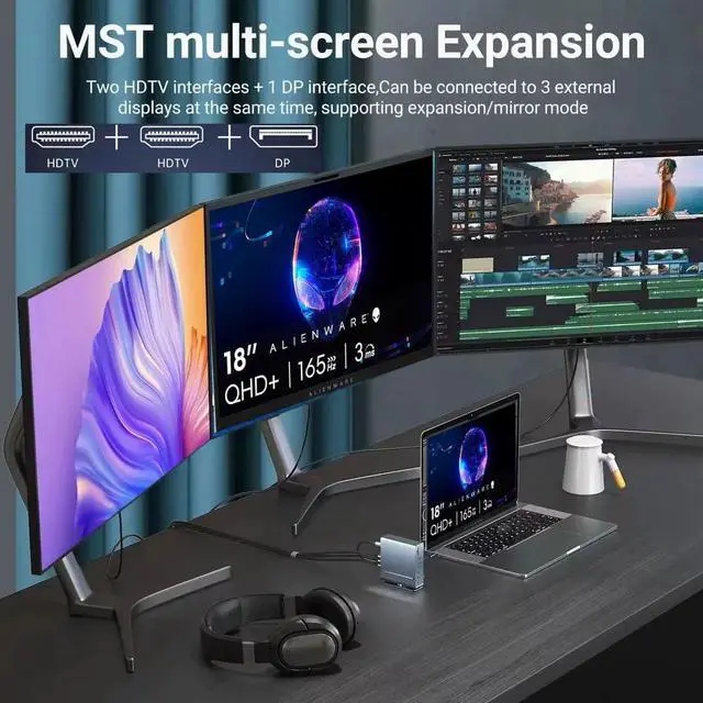 Alt view image 2 of 5 - Docking Station for Dell Alienware m18 R2 R1 area-51 18 inch Gaming Laptop,15-in-1 USB C with 360 ° Rotating Base, 2 * 4K HDMI and 1*DP, 10Gbps USB Port Transfer, RJ45, Audio, SD/TF