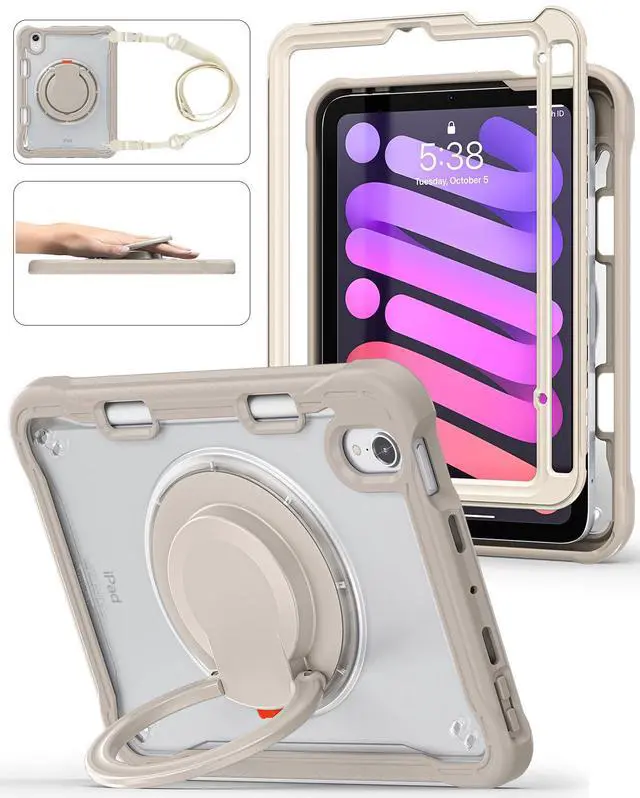 Main image of BRAECN for iPad (a17 pro) Mini 7/Mini 6 Case 2024/2021 8.3 inch with Pencil Holder Protective Clear Ring Handle 360 Rotating Stand Shockproof Dropproof Rugged Carrying Shoulder Strap Kids Friendly