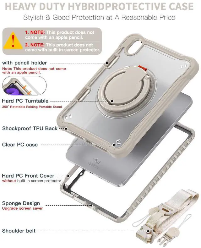 Alt view image 3 of 5 - BRAECN for iPad (a17 pro) Mini 7/Mini 6 Case 2024/2021 8.3 inch with Pencil Holder Protective Clear Ring Handle 360 Rotating Stand Shockproof Dropproof Rugged Carrying Shoulder Strap Kids Friendly