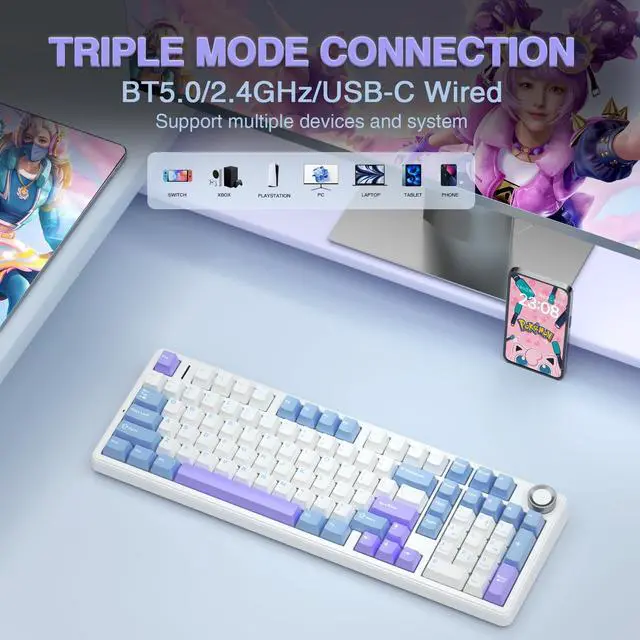 Alt view image 3 of 5 - AULA Wireless Keyboard and Mouse Combo, F99 Pro Mechanical Keyboards with Knob,Tri-Mode Hot Swappable Gasket Keyboard+SC580 Wireless Gaming Mouse Purple