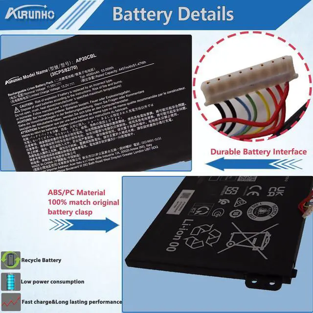 Alt view image 3 of 5 - AURUNHO AP20CBL Laptop Battery Replacement for Acer Aspire 5 A515-45 A515-46 Aspire 7 A715-43G Swift 3 SF314-43 SF314-511 Vero AV15-51 TravelMate Spin B3 B311RNA-32 53Wh