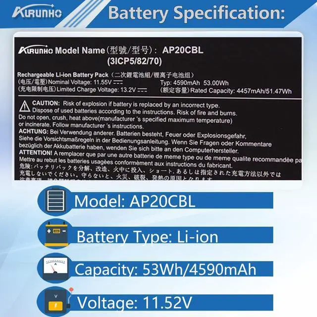 Alt view image 2 of 5 - AURUNHO AP20CBL Laptop Battery Replacement for Acer Aspire 5 A515-45 A515-46 Aspire 7 A715-43G Swift 3 SF314-43 SF314-511 Vero AV15-51 TravelMate Spin B3 B311RNA-32 53Wh