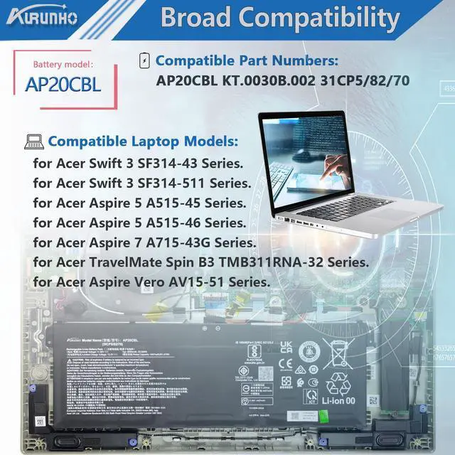 Alt view image 5 of 5 - AURUNHO AP20CBL Laptop Battery Replacement for Acer Aspire 5 A515-45 A515-46 Aspire 7 A715-43G Swift 3 SF314-43 SF314-511 Vero AV15-51 TravelMate Spin B3 B311RNA-32 53Wh