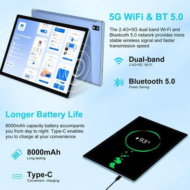 Alt view image 5 of 5 - 2025 Upgraded Android 15 Tablet 10 Inch Octa-Core Tablets 22GB+128GB+1TB Expand, 2-in-1 Tablet with Keyboard Mouse, 8000mAh Battery, HD IPS Display, GPS, Widevine L1, Split Screen, Metal Body -Blue