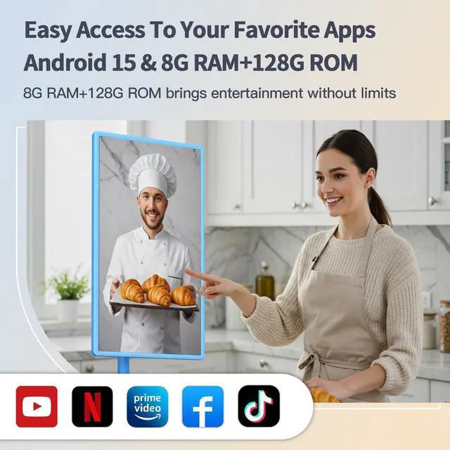 Alt view image 2 of 5 - 32 Inch Portable Smart TV,1080P Touchscreen Android 15 Monitor on Wheels,5MP Camera,9600mAh X 4 Battery,8+128GB Storage,Voice/Airmouse Remote Control,Rotatable Display for Home/Office/Outdoor (Blue)