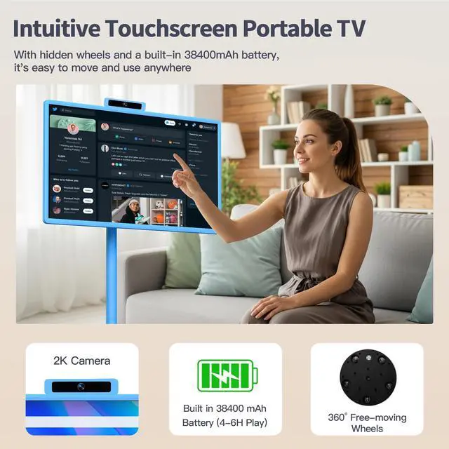 Alt view image 4 of 5 - 32 Inch Portable Smart TV,1080P Touchscreen Android 15 Monitor on Wheels,5MP Camera,9600mAh X 4 Battery,8+128GB Storage,Voice/Airmouse Remote Control,Rotatable Display for Home/Office/Outdoor (Blue)