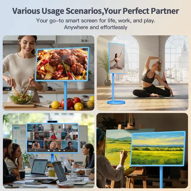 Alt view image 5 of 5 - 32 Inch Portable Smart TV,1080P Touchscreen Android 15 Monitor on Wheels,5MP Camera,9600mAh X 4 Battery,8+128GB Storage,Voice/Airmouse Remote Control,Rotatable Display for Home/Office/Outdoor (Blue)