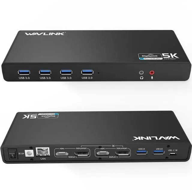 Main image of WAVLINK USB C Universal Docking Station, 15-in-1 Ultra 5K Dual 4K HD Multiple-Display Dock with 2 HDMI/2 DisplayPort/Gigabit Ethernet/6 USB 3.0/Type C/Audio/Mic/DC Jack for Desktop Laptop PC