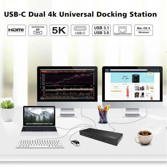 Alt view image 2 of 5 - WAVLINK USB C Universal Docking Station, 15-in-1 Ultra 5K Dual 4K HD Multiple-Display Dock with 2 HDMI/2 DisplayPort/Gigabit Ethernet/6 USB 3.0/Type C/Audio/Mic/DC Jack for Desktop Laptop PC
