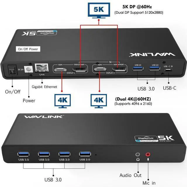 Alt view image 3 of 5 - WAVLINK USB C Universal Docking Station, 15-in-1 Ultra 5K Dual 4K HD Multiple-Display Dock with 2 HDMI/2 DisplayPort/Gigabit Ethernet/6 USB 3.0/Type C/Audio/Mic/DC Jack for Desktop Laptop PC
