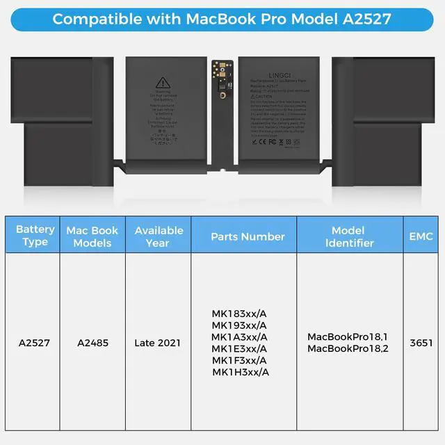 Alt view image 4 of 5 - LINGCI A2485 A2527 Replacement Laptop Battery for MacBook Pro 16 inch (Late 2021) Battery A2485 EMC3651 (11.45V/8700mAH)