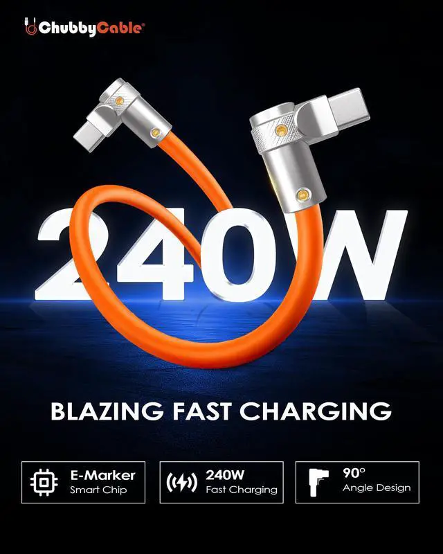 Alt view image 2 of 5 - chubbycable FlexElbow 90 Degree 240W Fast Charging Cable Right Angle USB C Cable Silicone Charging Cord Compatible with iPhone 17-15 Series iPad, Black, Type-C to Type-C, 0.32FT