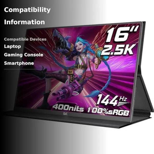 Alt view image 3 of 5 - FMC 2.5K Portable Monitor 16"" QHD 144hz Gaming Monitor USB-C HDMI Computer Display IPS Eye Care External Second Screen for Travel Laptop MacBook Surface PC PS4/PS5 Xbox Switch (16), Black, Y-60G