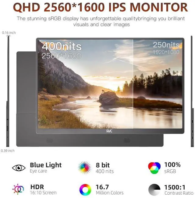 Alt view image 5 of 5 - FMC 2.5K Portable Monitor 16"" QHD 144hz Gaming Monitor USB-C HDMI Computer Display IPS Eye Care External Second Screen for Travel Laptop MacBook Surface PC PS4/PS5 Xbox Switch (16), Black, Y-60G