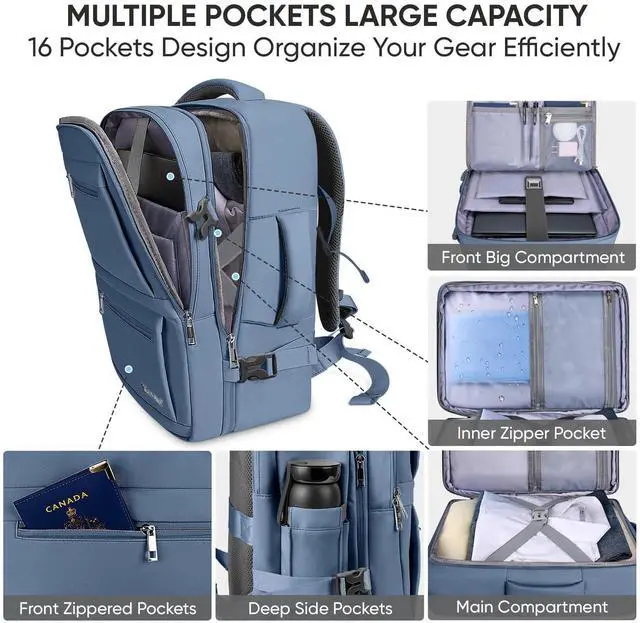 Alt view image 2 of 5 - BALEINE Travel Backpack for Women Men, Large Sturdy Carry On Laptop Backpack Gifts for Business, Casual, Weekender, Hiking (Large, Dusty Blue)