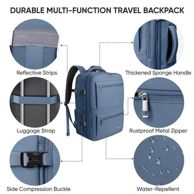 Alt view image 5 of 5 - BALEINE Travel Backpack for Women Men, Large Sturdy Carry On Laptop Backpack Gifts for Business, Casual, Weekender, Hiking (Large, Dusty Blue)