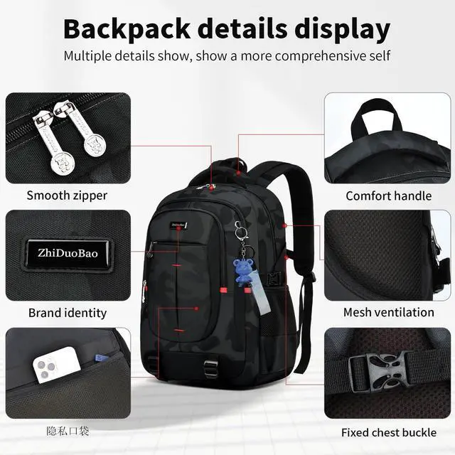 Alt view image 4 of 5 - ZHIDOBO schoolbags for Middle school and high school studenthigh-capacity camo bookbags for Teens boysWater Resistant Anti Theft Travel backpack with Computer compartment Fits 15.6 Inch Laptop