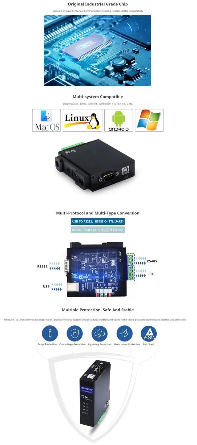 Alt view image 4 of 5 - Xicoolee USB to RS232/485/TTL Converter Onboard FT232RL Industrial Grade USB to RS485 Compatible with Mac Linux Android Windows 11/10 / 8.1/8 / 7