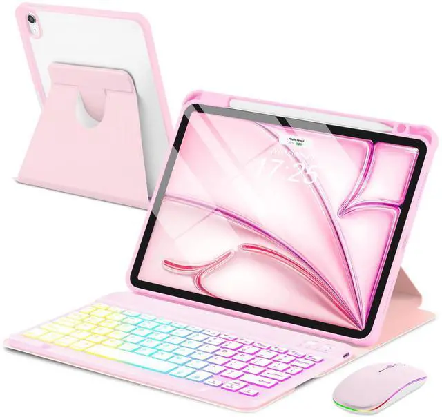 Main image of EAMPANG Case with Keyboard Mouse for iPad Air 11 inch M3 M2/ Air 10.9 5th 4th Generation,Rainbow Backlit Detachable Keypad Rotatable Magnetic Cover with Pencil Holder for iPad Air 4 5 6 7 Gen Pink