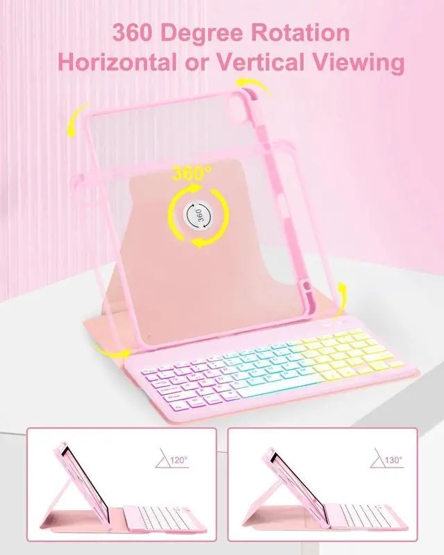 Alt view image 4 of 5 - EAMPANG Case with Keyboard Mouse for iPad Air 11 inch M3 M2/ Air 10.9 5th 4th Generation,Rainbow Backlit Detachable Keypad Rotatable Magnetic Cover with Pencil Holder for iPad Air 4 5 6 7 Gen Pink