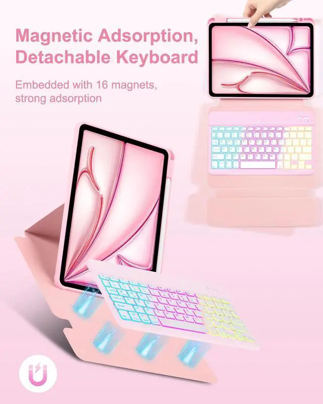 Alt view image 5 of 5 - EAMPANG Case with Keyboard Mouse for iPad Air 11 inch M3 M2/ Air 10.9 5th 4th Generation,Rainbow Backlit Detachable Keypad Rotatable Magnetic Cover with Pencil Holder for iPad Air 4 5 6 7 Gen Pink
