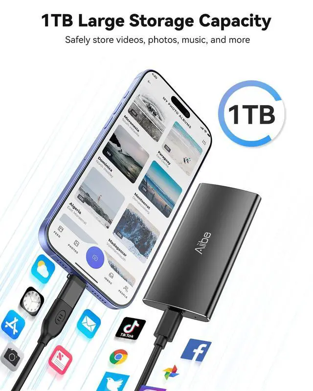 Alt view image 4 of 5 - Aiibe 1TB External SSD USB C Portable SSD USB 3.2 Gen 2, Up to 1050MB/s, External Solid State Drive 1TB External Hard Drive for iPhone 16/15, Laptop, Mac and PS5 (Black)