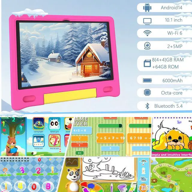 Alt view image 2 of 5 - VCFNXLS Kids Tablet 10", Android 14, 8GB+64GB (1TB Expandable), Octa-Core, 1280×800 HD Display, Dual Cameras, 12-Hour Battery, Parental Controls, Childs Tablet with Shockproof EVA Case